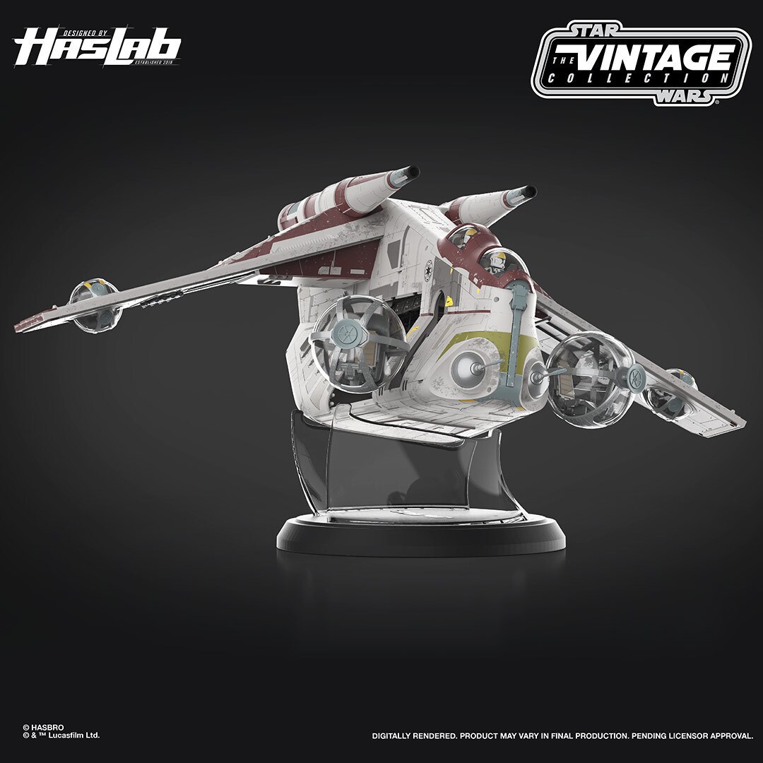 SDCC 2025: HasLab's Star Wars with The Vintage Collection LAAT/i Republic Gunship on a stand.