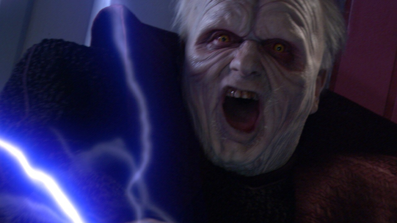 Palpatine shooting force lightning with an evil face