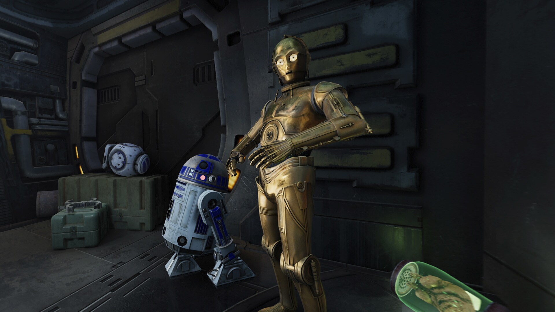 Screenshot from Star Wars: Tales from the Galaxy’s Edge – Enhanced Edition featuring C-3PO and R2...
