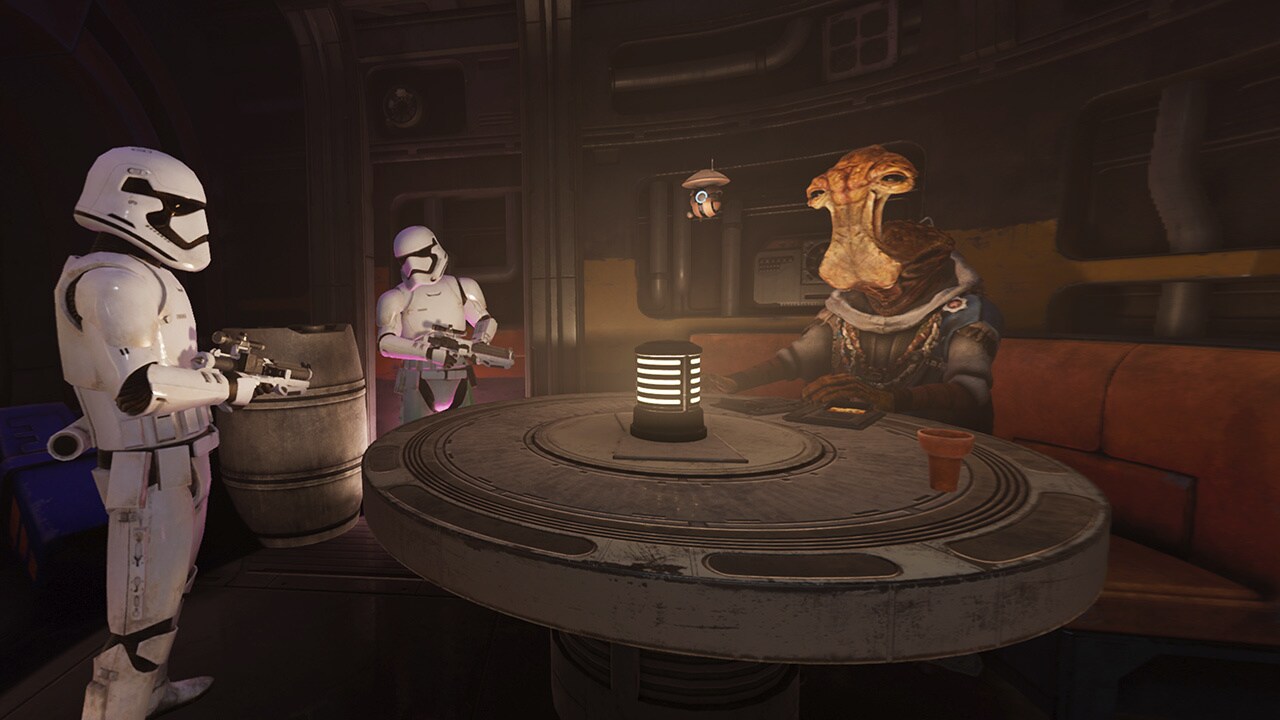 Dok Ondar and stormtroopers in in Star Wars: Tales from the Galaxy’s Edge – Enhanced Edition