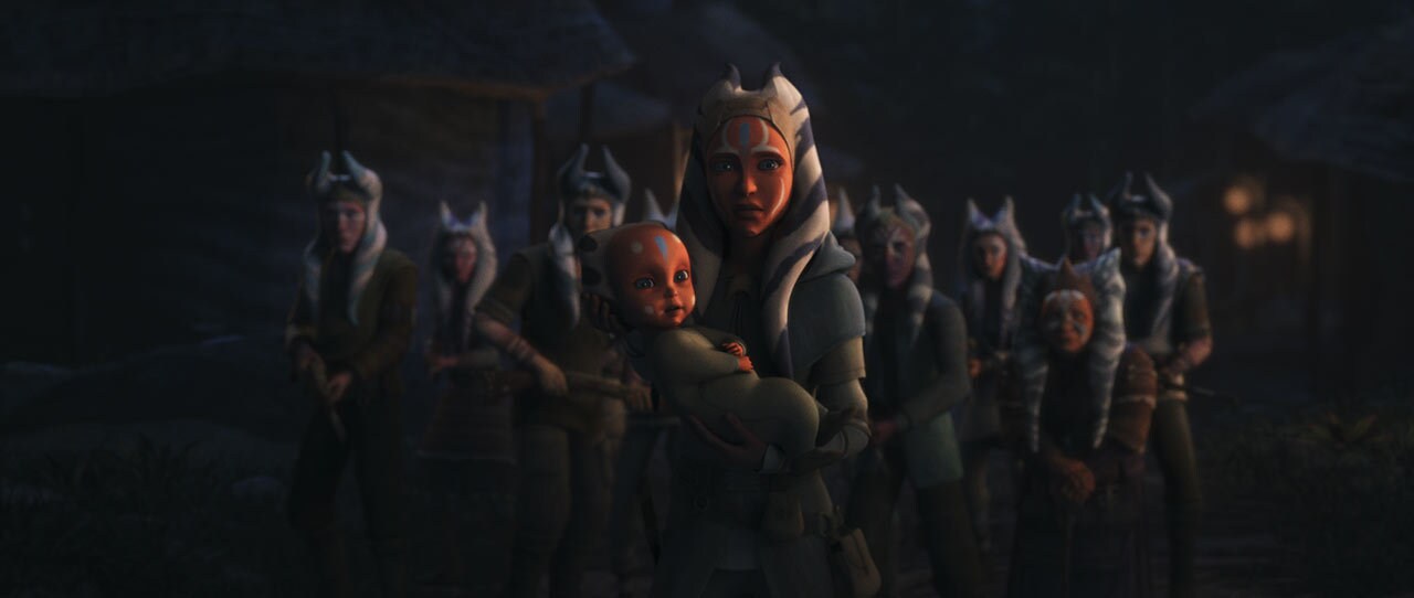 The village is shocked to discover Ahsoka safely on the back of the creature