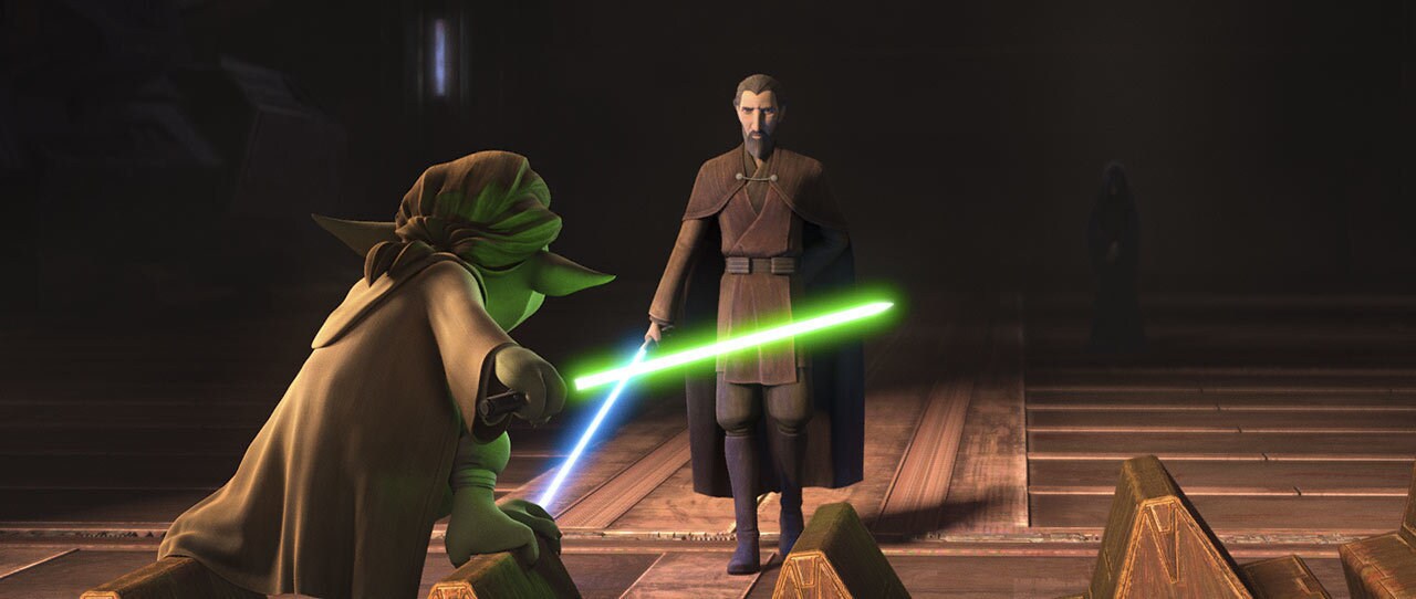 During Yaddle and Dooku’s showdown, the shadowed Darth Sidious looks on in quiet contentment.