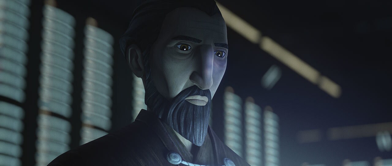 Count Dooku carefully makes his way through the Jedi Archives, going through a sequestered door and past many rows of glowing tomes. There, he deftly inputs Master Sifo-Dyas’ security code and quickly deletes the location and date for the planet Kamino.