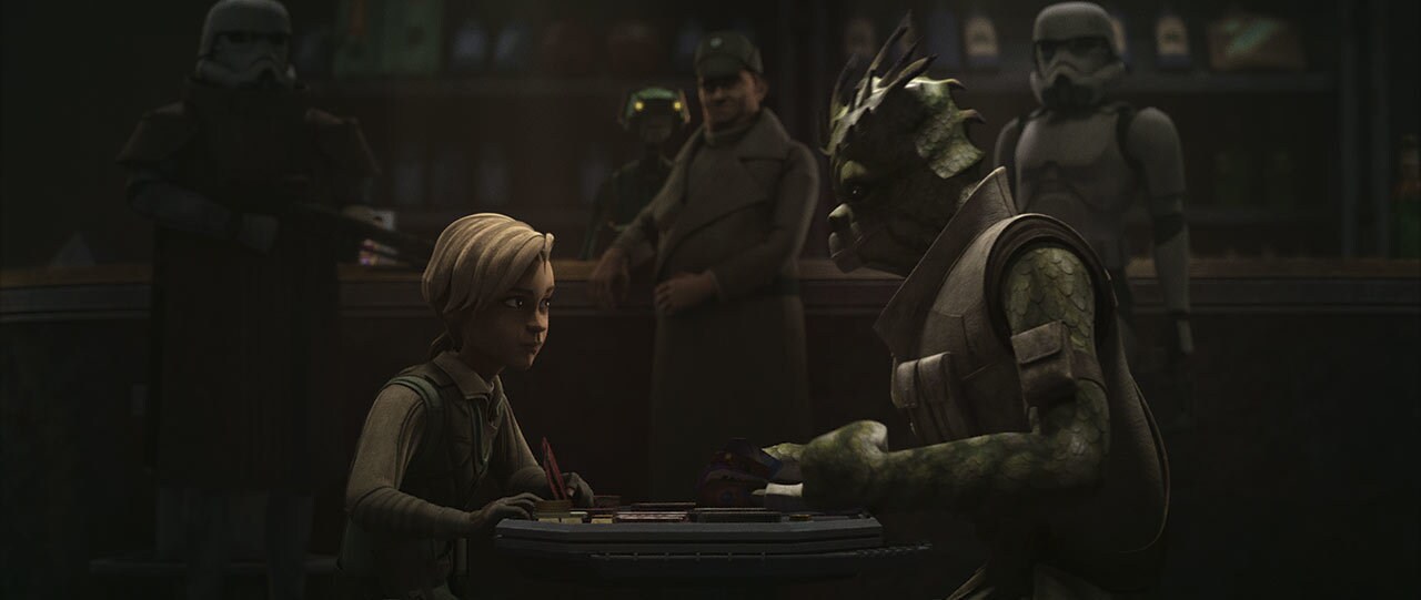 Omega enraptures a cantina in a card game against a confident Trandoshan.