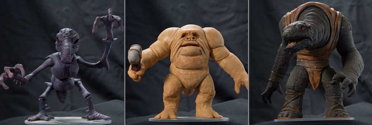 (L-R) The Grimtaash, the Kintan Strider, and the Mantellian Savrip holochess pieces made for The Force Awakens and based on the original from A New Hope.