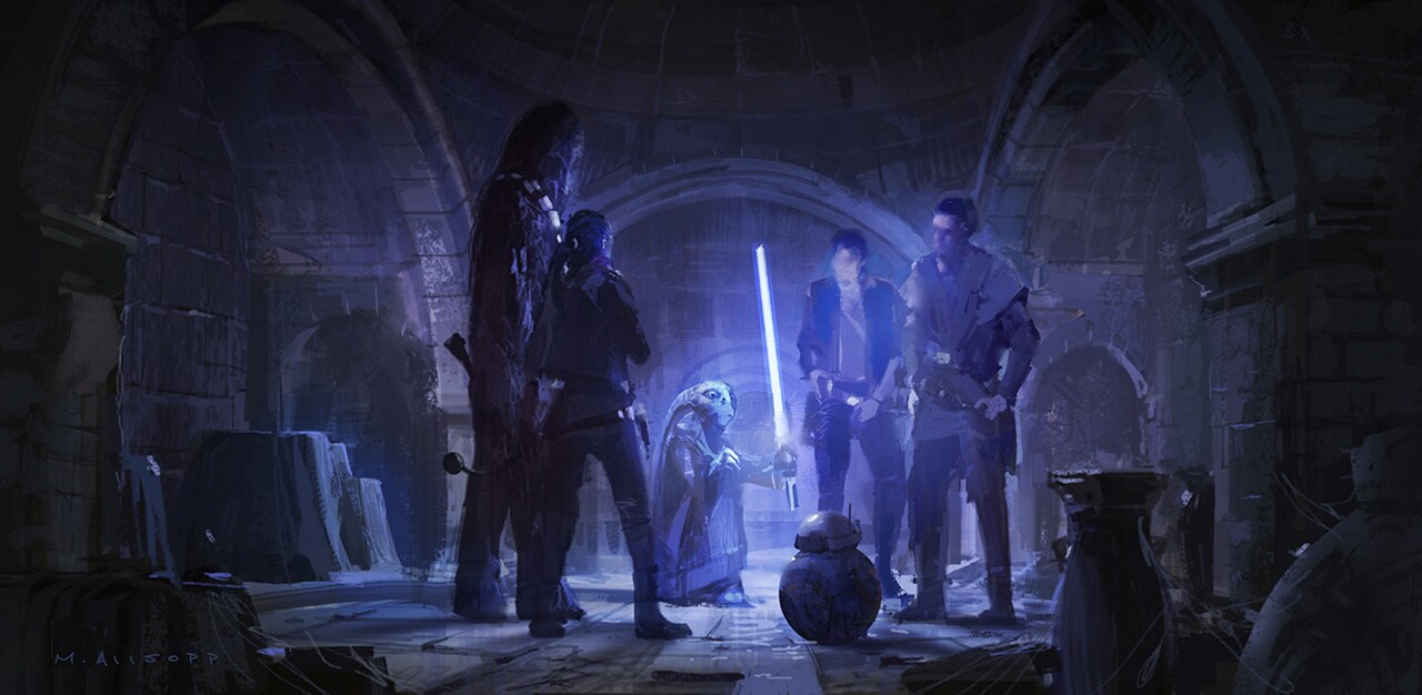 Concept art of Maz holding Luke's Lightsaber by Matt Allsopp for Star Wars: The Force Awakens.