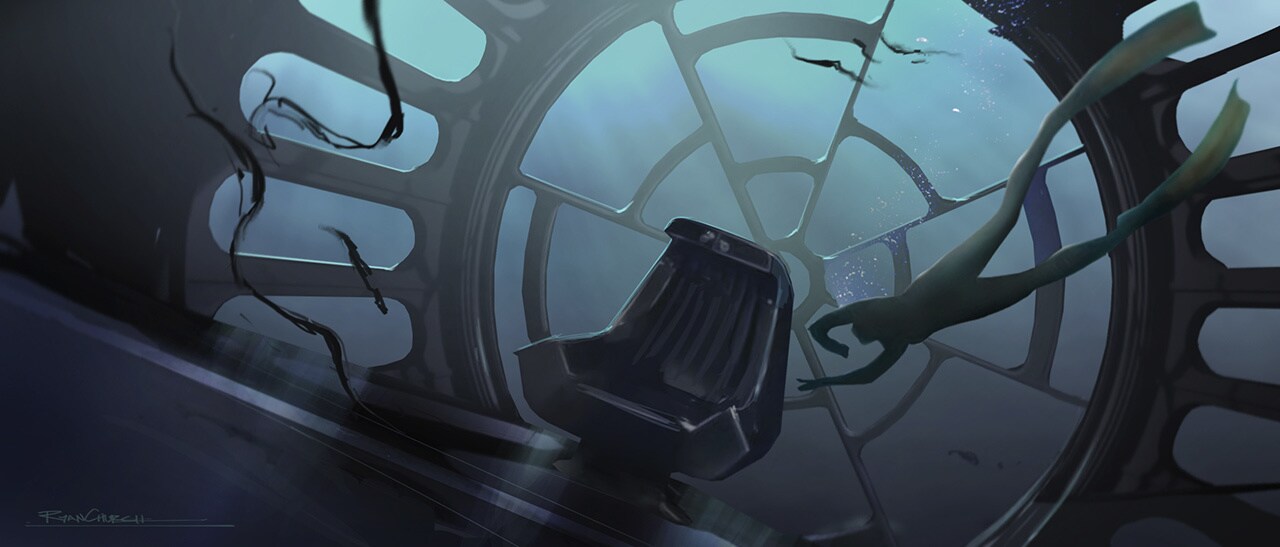 Concept art of the watery wreckage from the Death Star II by Ryan Church for Star Wars: The Force Awakens.