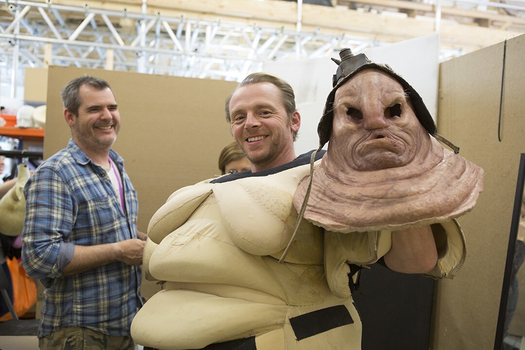 Simon Pegg in heavy prosthetics as Unkar Plutt on set of Star Wars: The Force Awakens.