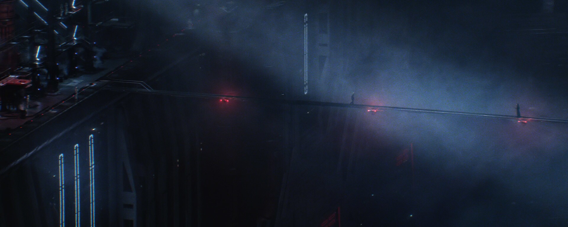 Han Solo (Harrison Ford) stands face-to-face with Kylo Ren (Adam Driver) on Starkiller Base.