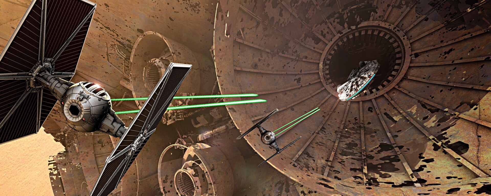 TIE fighters and the Millennium Falcon concept art by Doug Chiang.