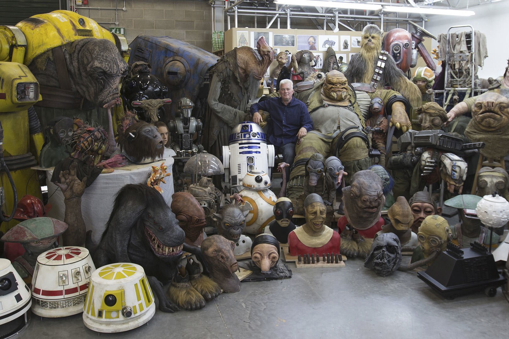 Creature Designer Neal Scanlan sits among some familiar faces in the Episode VII Creature Effects Department.