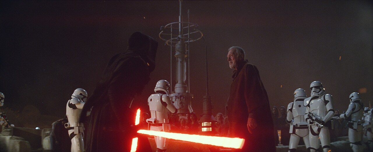 Kylo confronts Lor San Tekka.