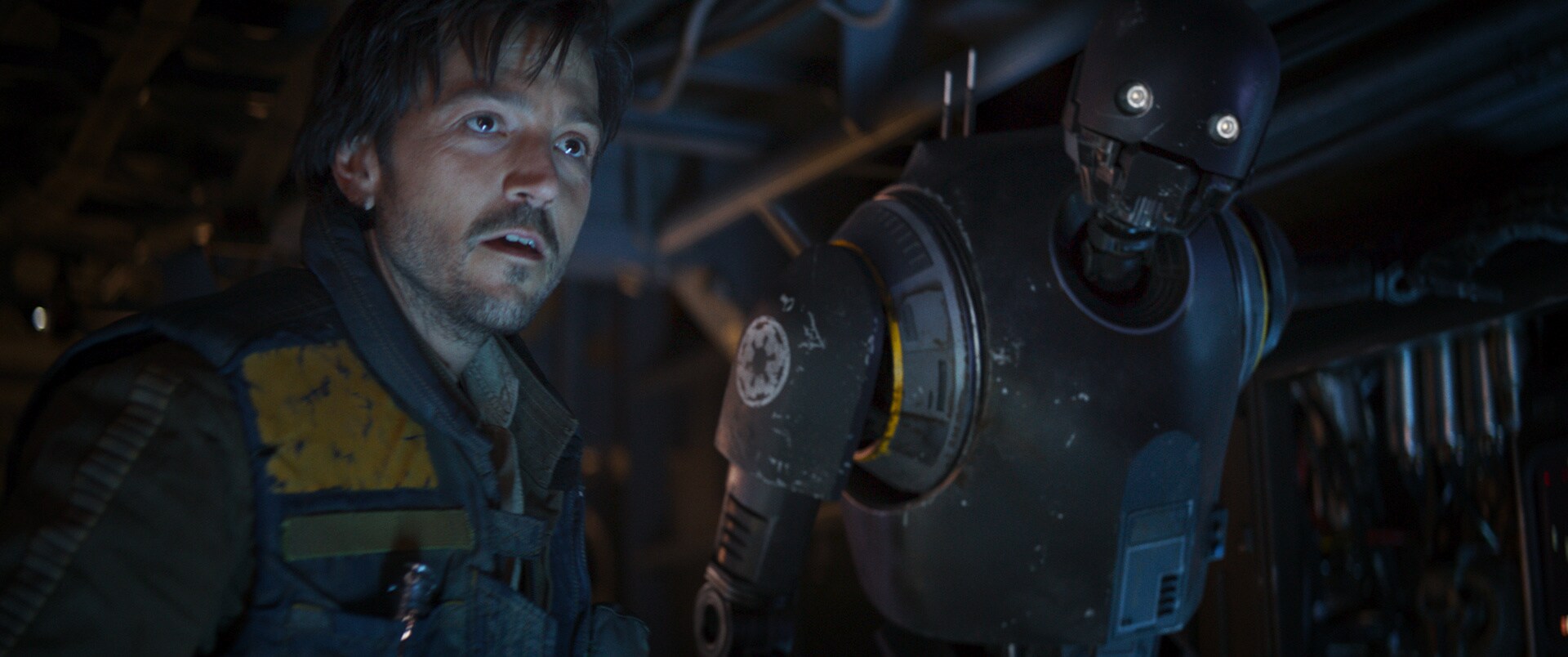 Cassian Andor and K-2SO in Rogue One: A Star Wars Story.