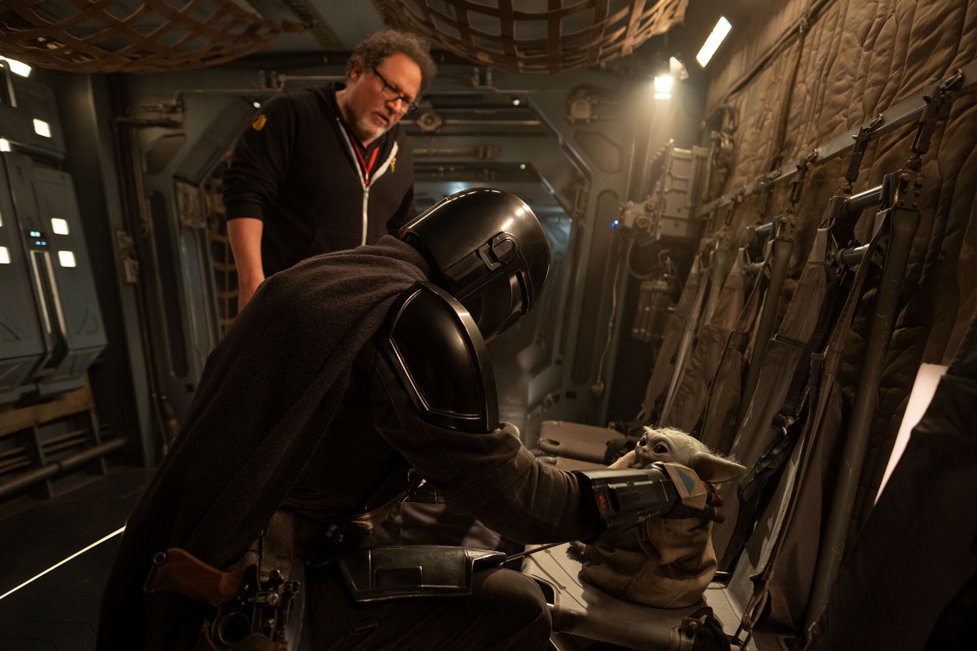 Director Jon Favreau and Pedro Pascal on the set of Star Wars: The Mandalorian and Grogu.