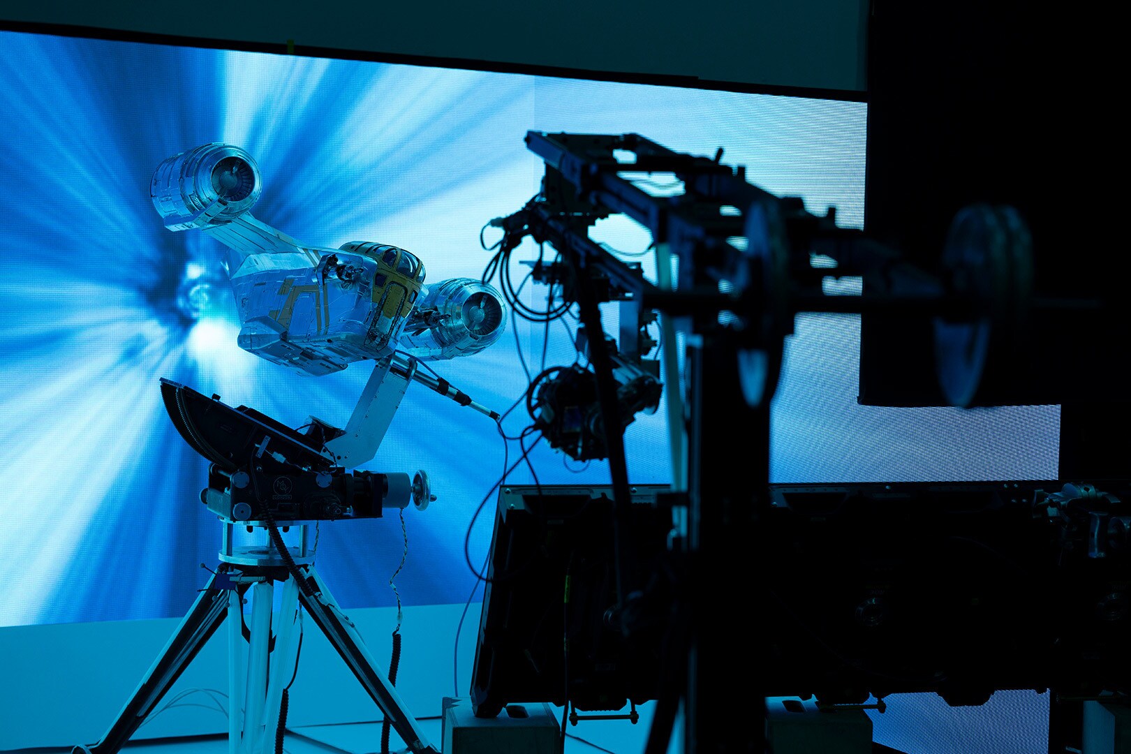 The 48-inch Razor Crest model being filmed for Star Wars: The Mandalorian and Grogu.
