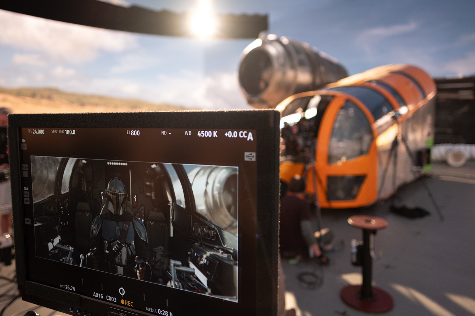 Filming inside the Razor Crest for Star Wars: The Mandalorian and Grogu.