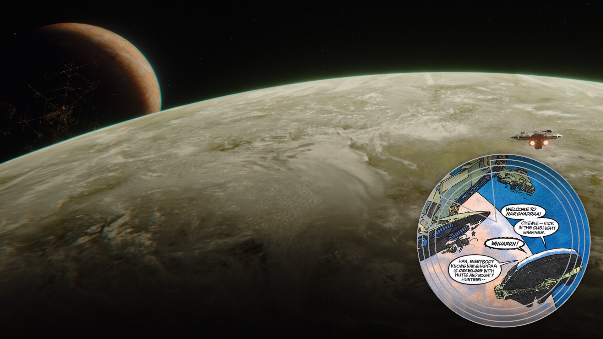Seen orbiting Nal Hutta is a city-covered moon, a nod to Nar Shaddaa, the famous Smuggler’s Moon first featured in Star Wars comics in the 1990s.
