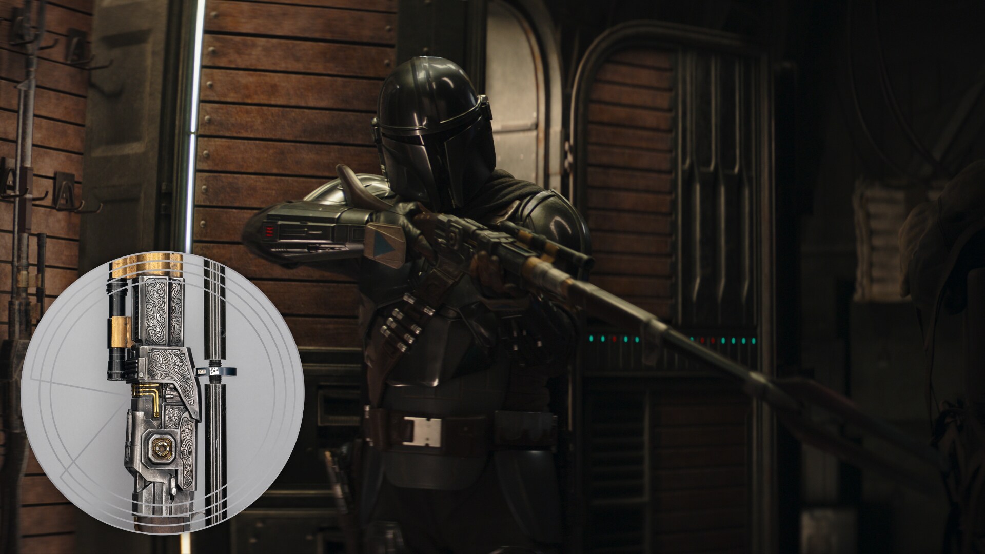 Din Djarin arms himself with a new Amban rifle.