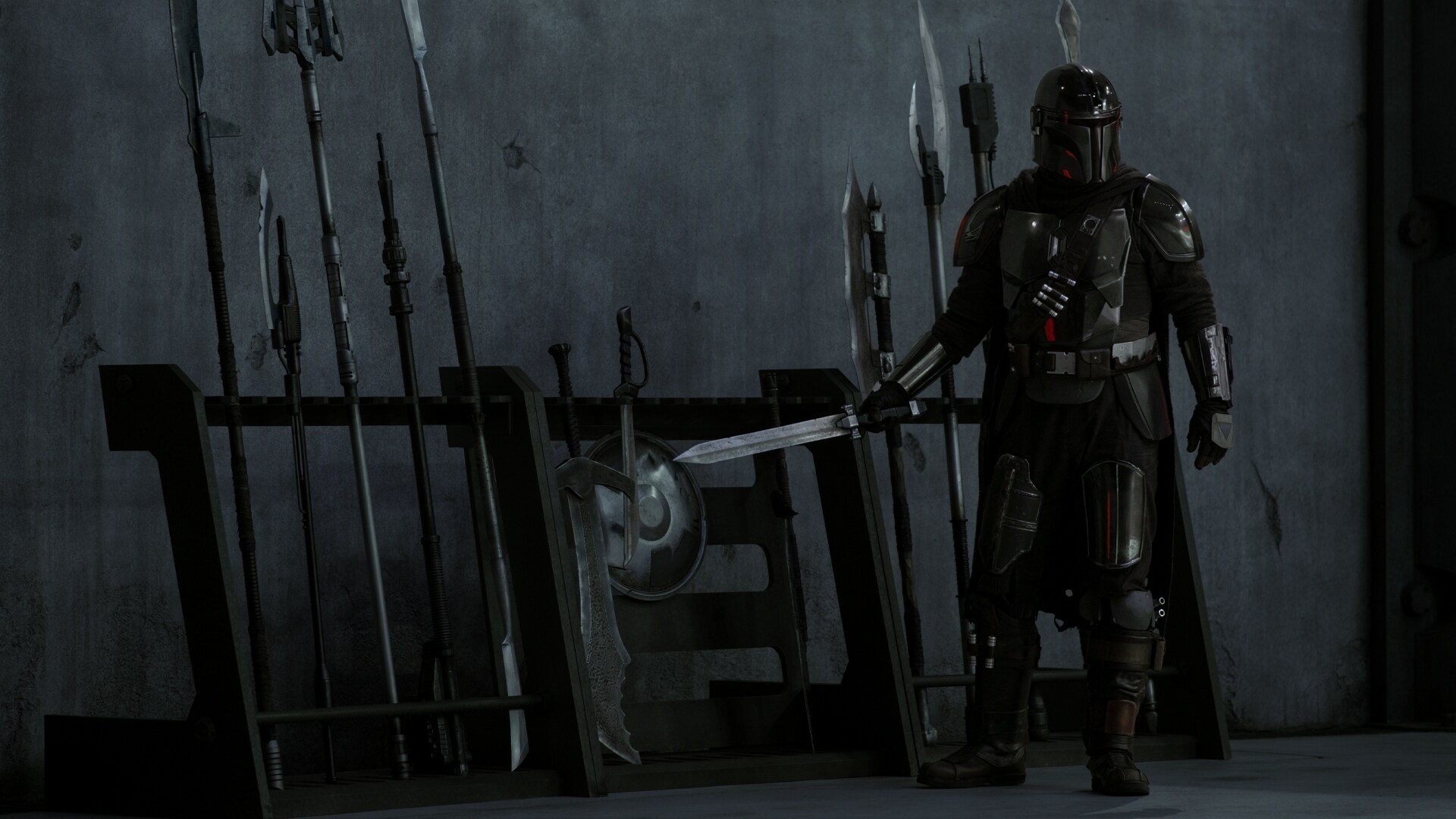Din has to choose from one of the arena weapons.