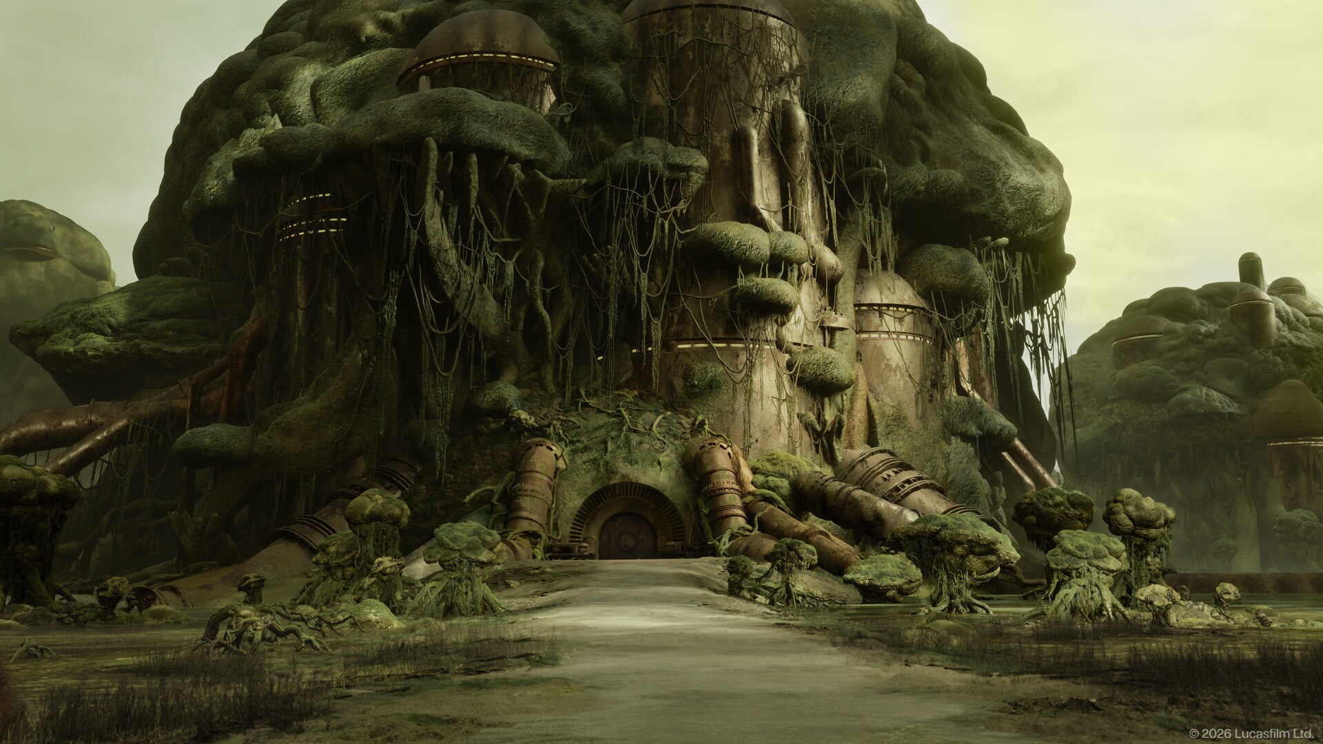 The exterior of a building in Star Wars: The Mandalorian and Grogu.