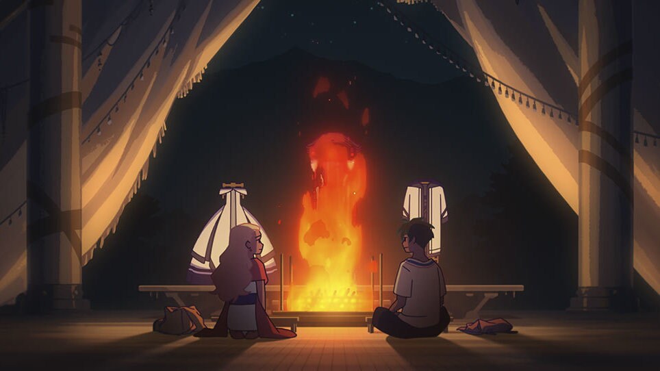 In front of a roaring fire, Asu and Haru finish preparations that evening. "Let's end this togeth...