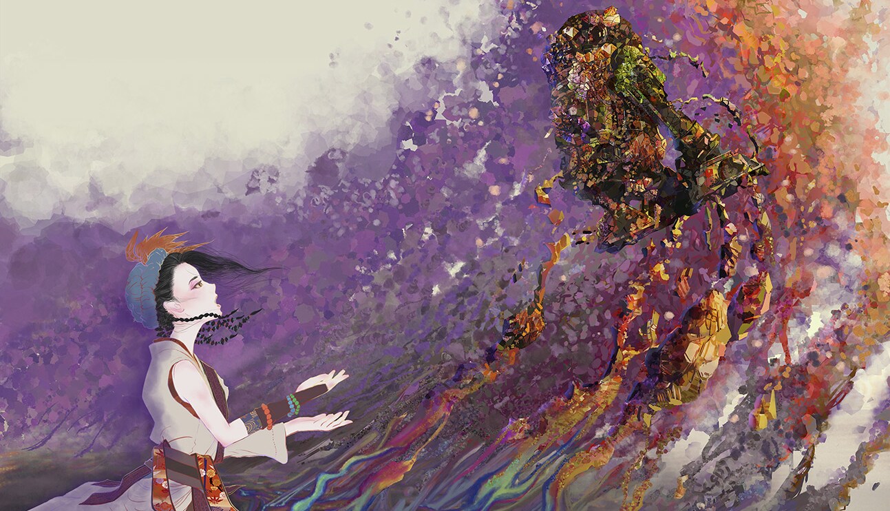 Nakime and Daruma concept art by Makiko Nanke.