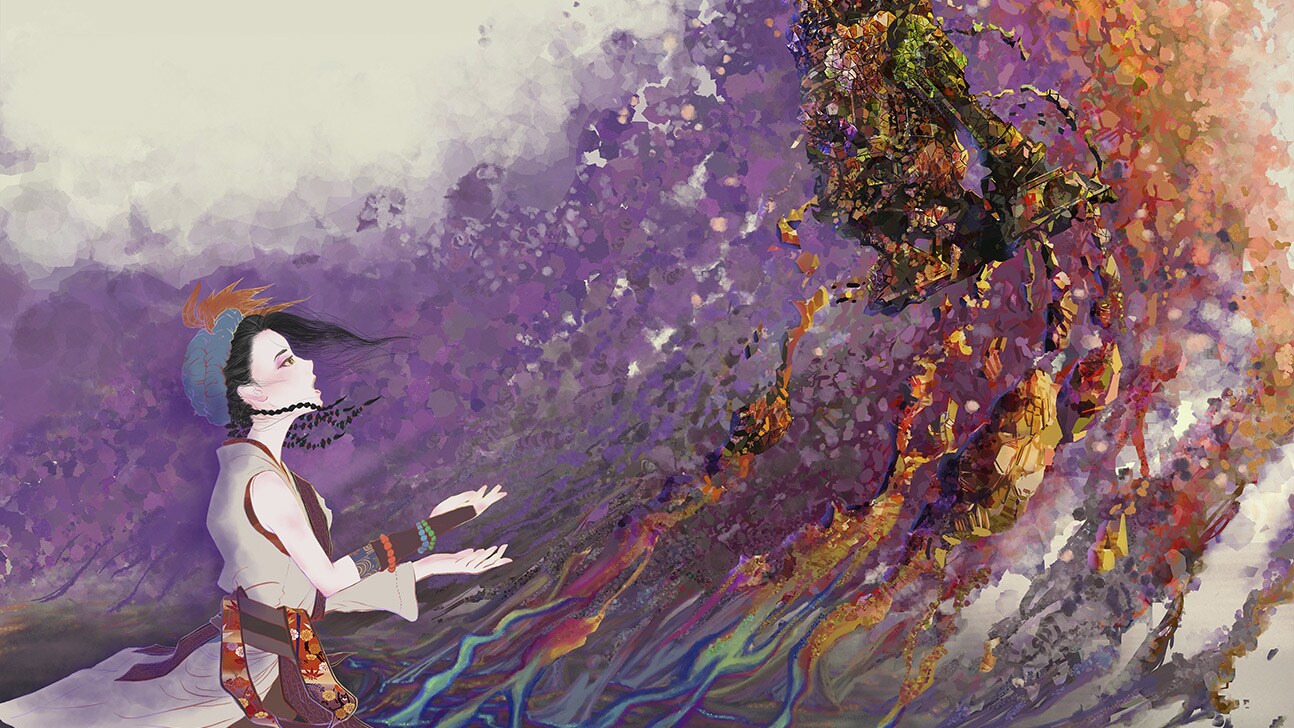 Nakime and Daruma concept art by Makiko Nanke.