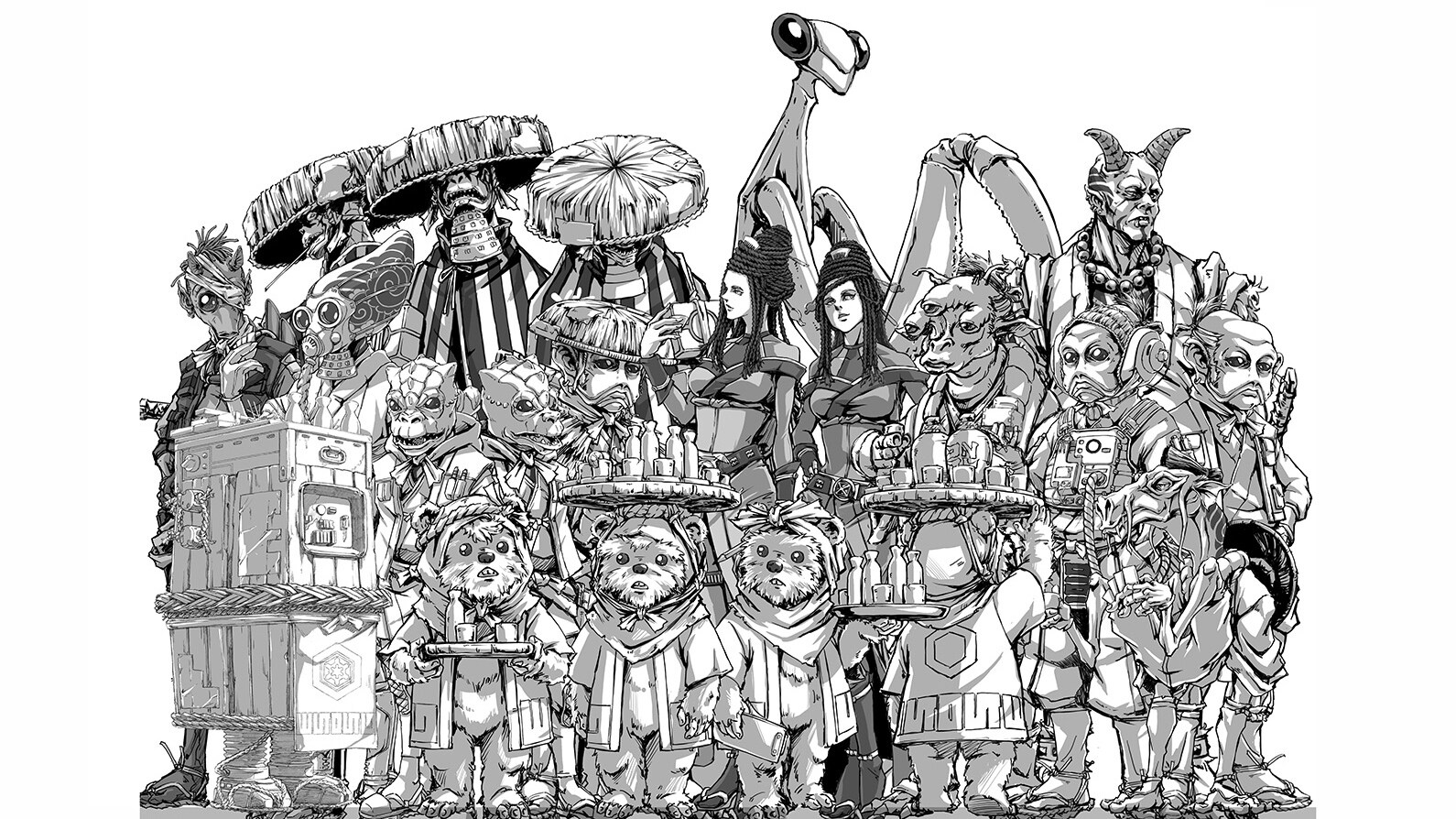 Concept art of a group of characters by Takashi Okazaki.