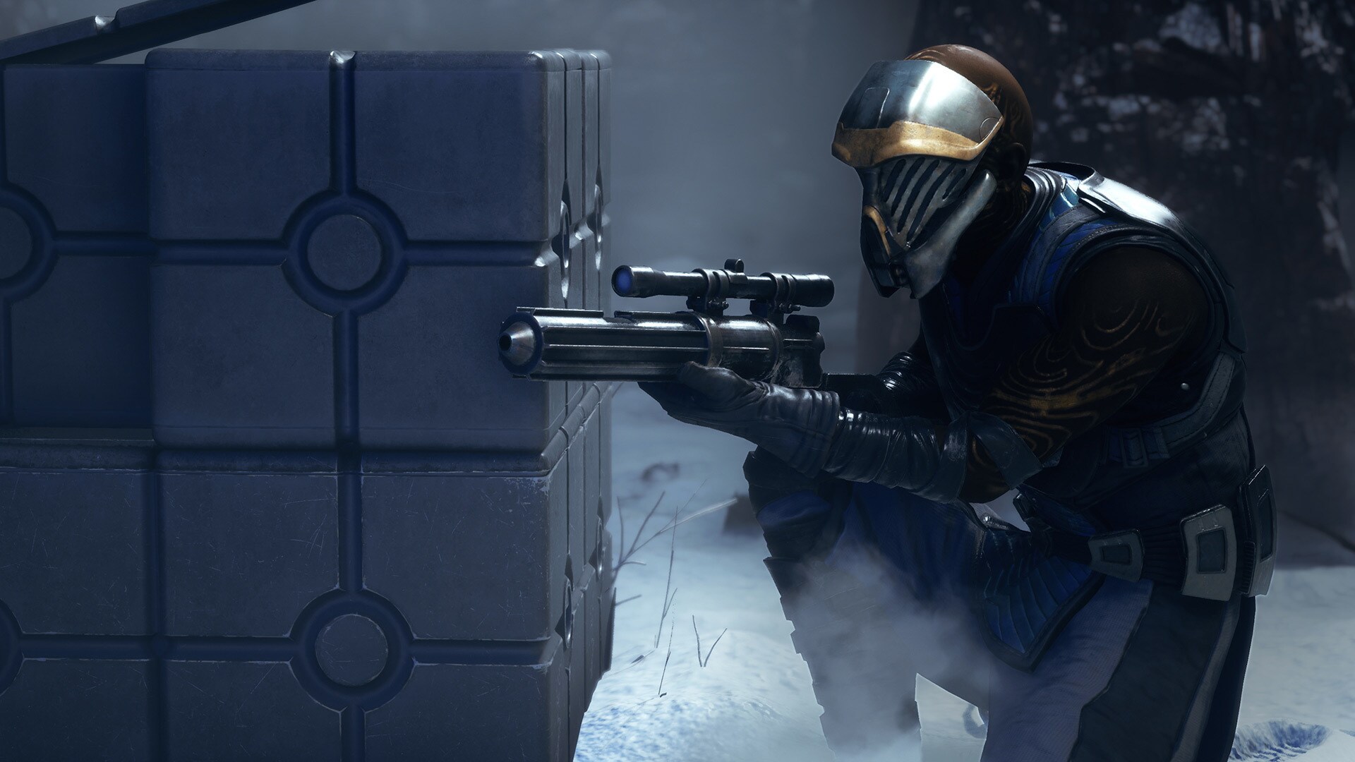 Official gameplay screenshot of an Infinite Coil rifleman in armored cover on a snowy battlefield