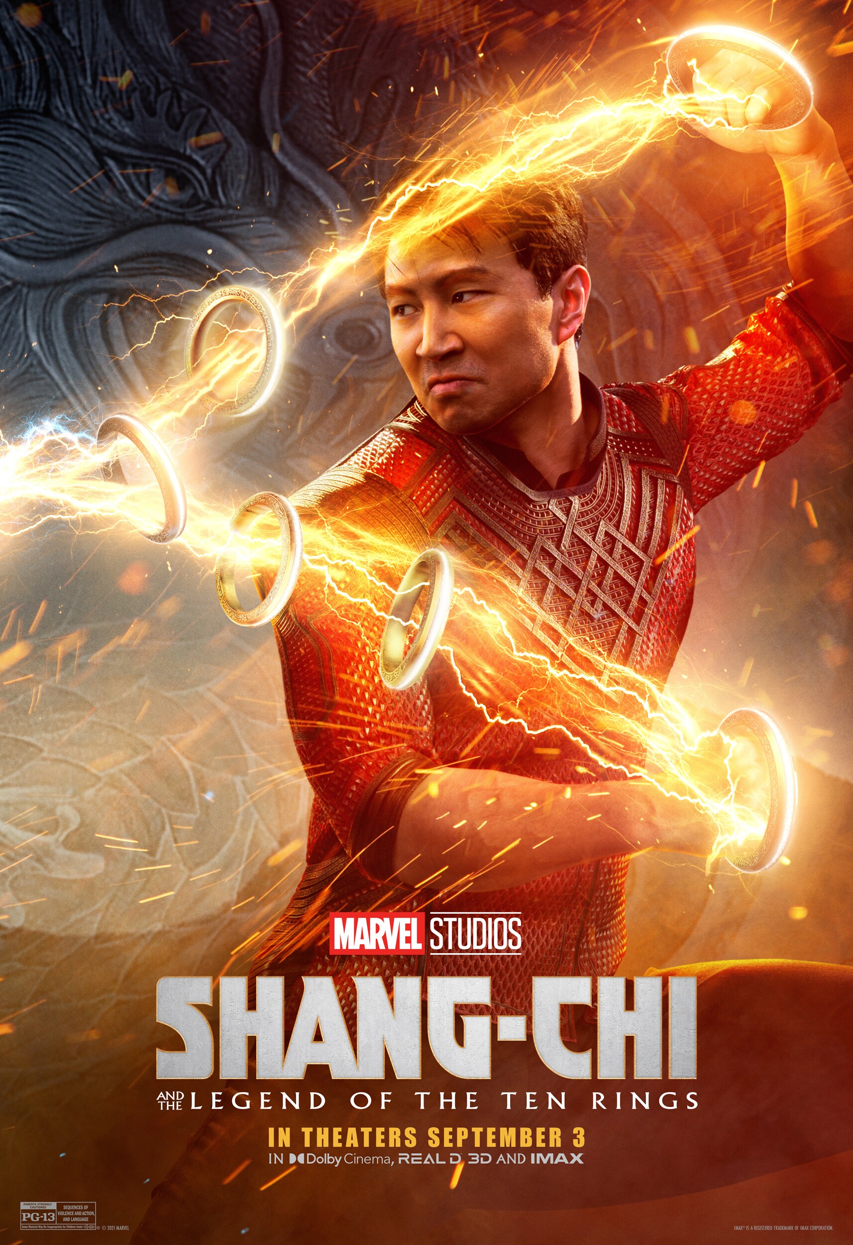 Shang-Chi (Simu Liu) wields the Ten Rings in a studio poster for Marvel Studios' Shang-Chi and the Legend of the Ten Rings, in theaters September 3.