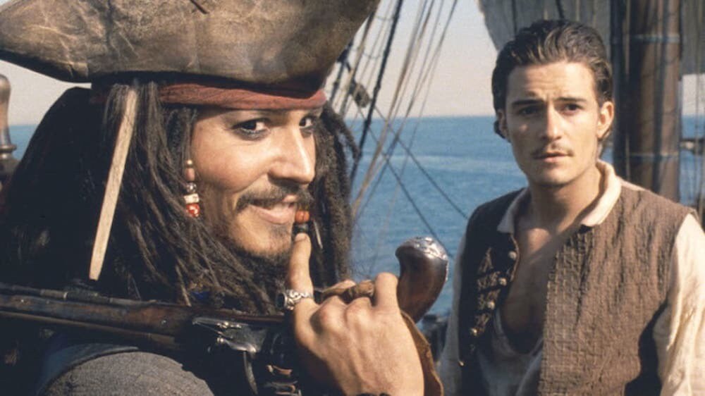 Actors Johnny Depp (Captain Jack) and Orlando Bloom (Will Turner) in "Pirates of the Caribbean"