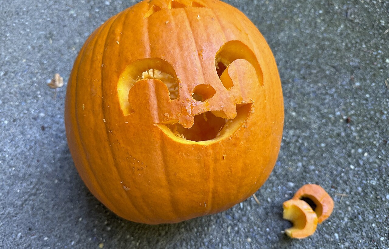 Step 6: Start carving! Carefully cut out each shape you traced with the small carving tool. Take extra care when carving the two eye shapes; you’re going to need them for later. Set aside and continue carving.