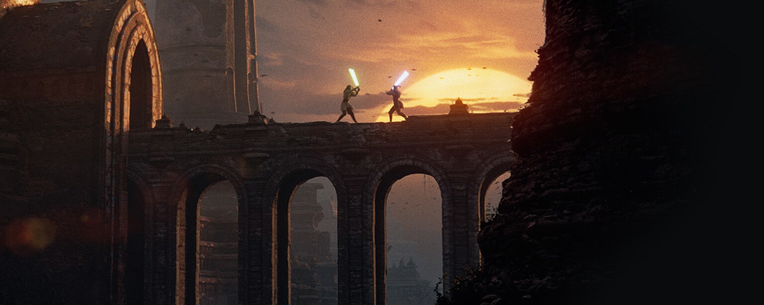 Two Jedi spar with their lightsabers on a bridge.