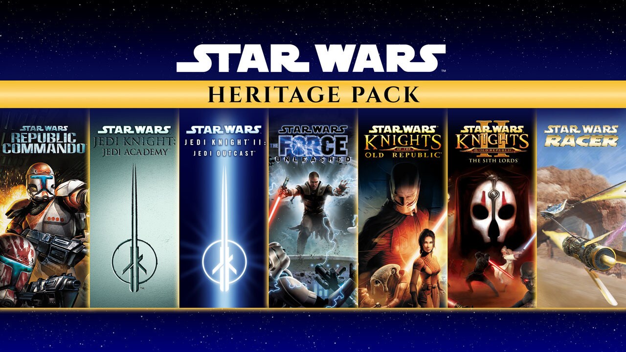 Various Star Wars game cover art under the Star Wars Heritage Pack banner