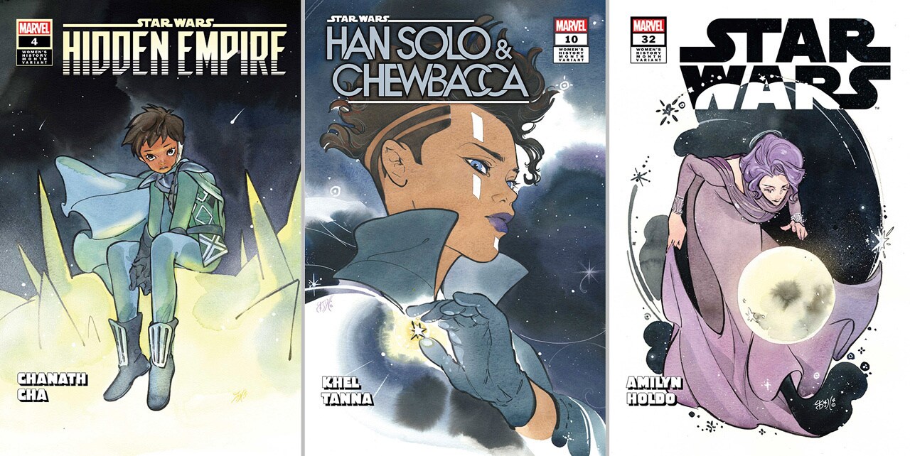 Star Wars: Hidden Empire #4 Women’s History Month Variant Cover, Star Wars: Han Solo & Chewbacca #10 Women’s History Month Variant Cover, and Star Wars #32 Women’s History Month Variant Cover