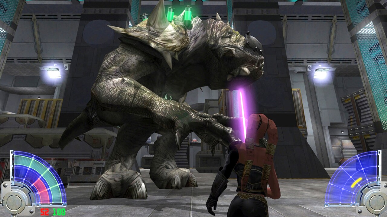 A gameplay screenshot of a rancor from Jedi Knight: Jedi Academy