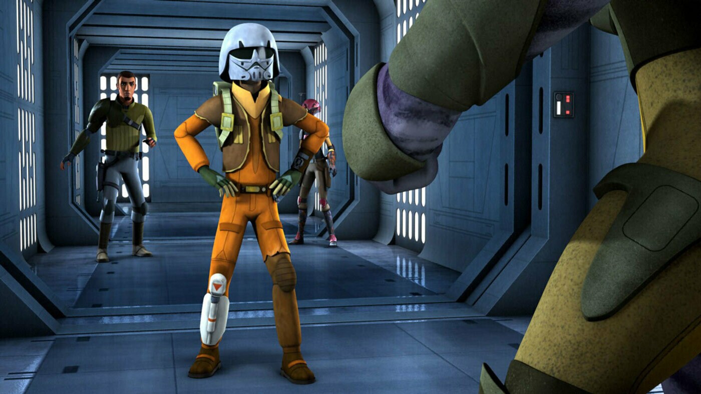 Ezra Bridger, Kanan Jarrus, Sabine Wren, and Zeb Orrelios during an early Ghost crew mission