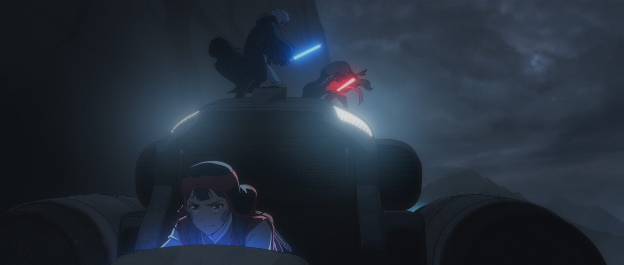 Atop a racing speeder driven by Ara, Toul faces Bihan, the Sith who killed his master.