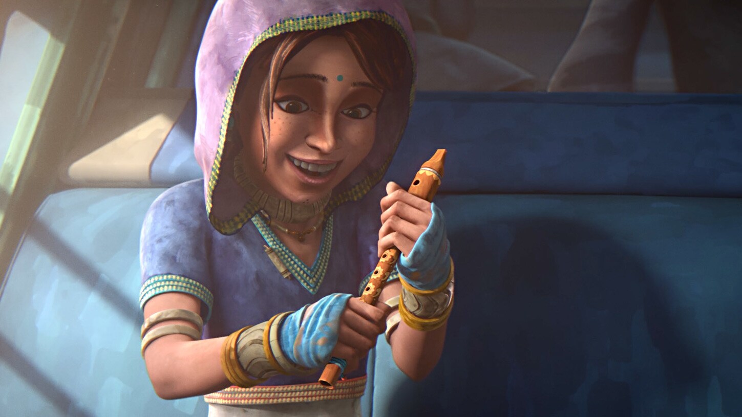 When Charuk goes to buy some sweets, Rani pulls her brother's flute back to her through the Force...