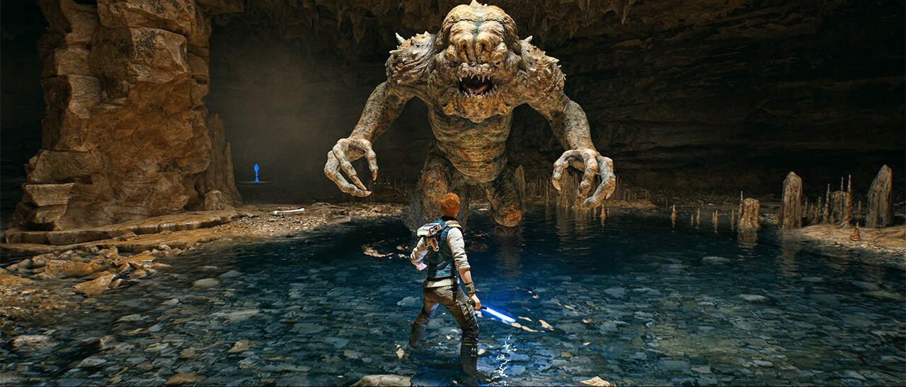 Cal Kestis battling a rancor