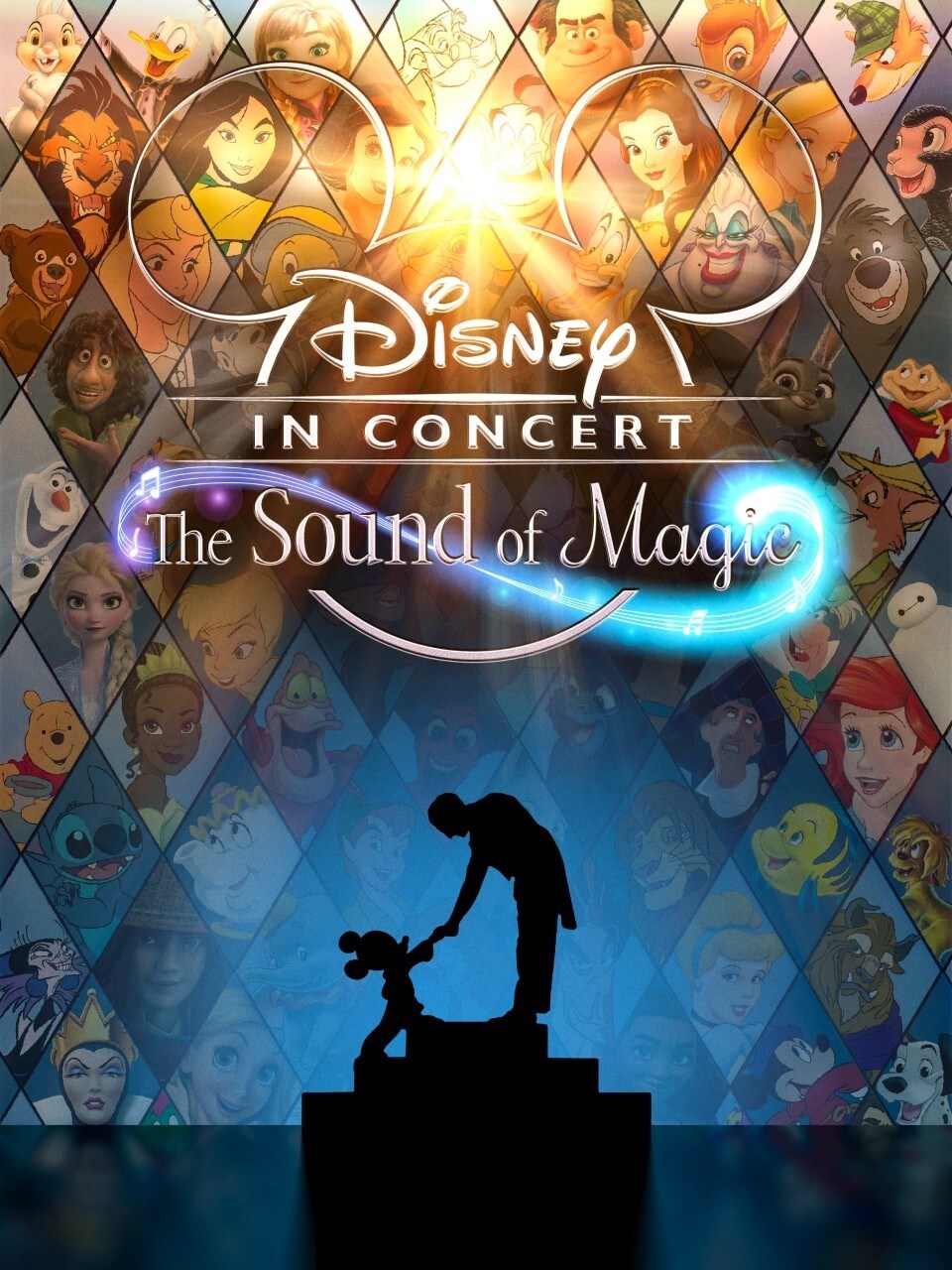 The silhouette of Mickey Mouse greeting the conductor of an orchestra with the Disney in Concert: The Sound of Magic logo at the top