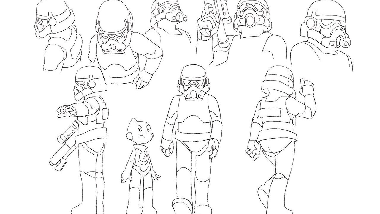 T0-B1 and Stormtroopers concept art by Takafumi Hori.