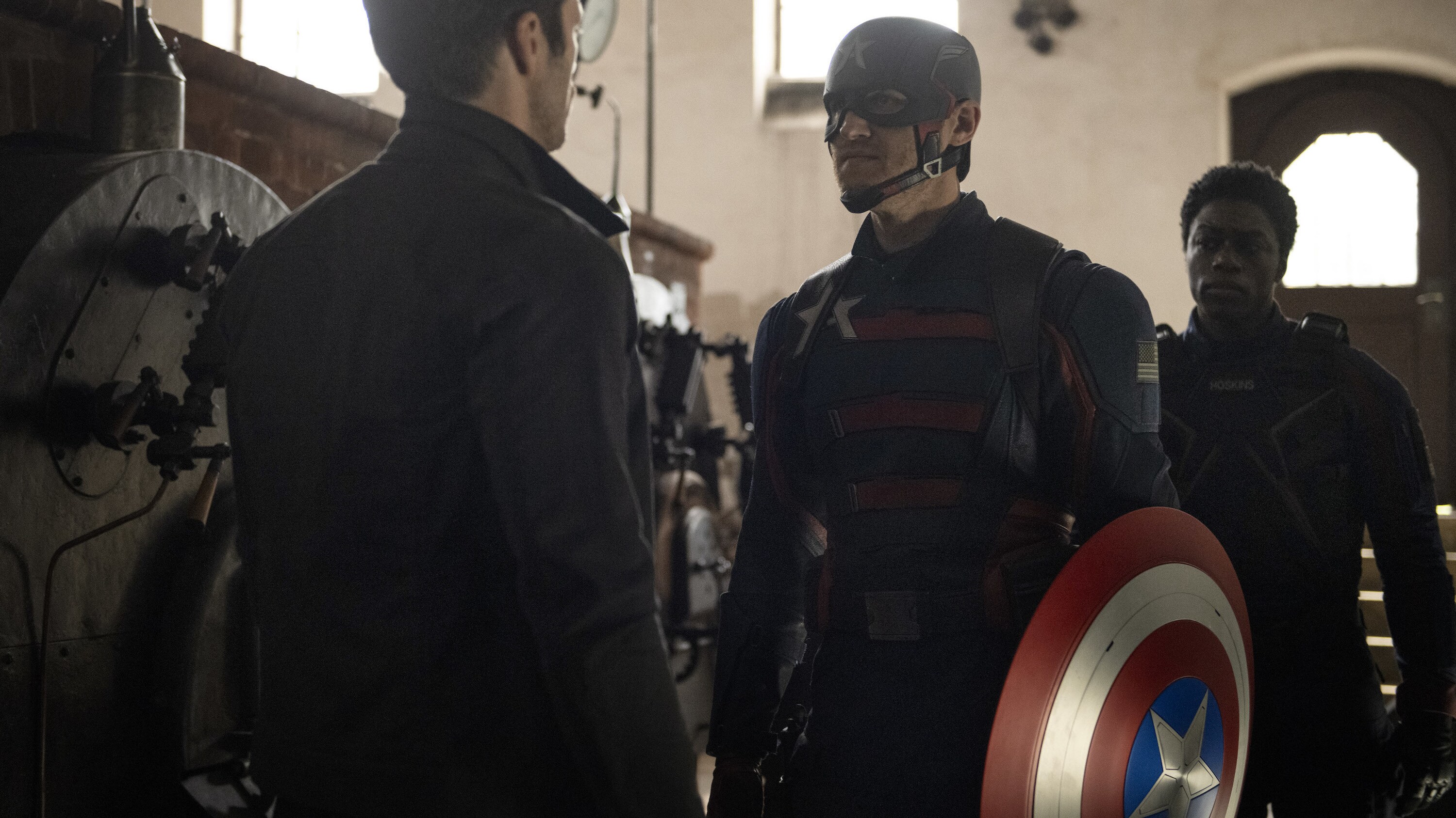 (L-R): Winter Soldier/Bucky Barnes (Sebastian Stan), John Walker (Wyatt Russell) and Lemar Hoskins (Clé Bennett) in Marvel Studios' THE FALCON AND THE WINTER SOLDIER exclusively on Disney+. Photo by Julie Vrabelová. ©Marvel Studios 2021. All Rights Reserved.