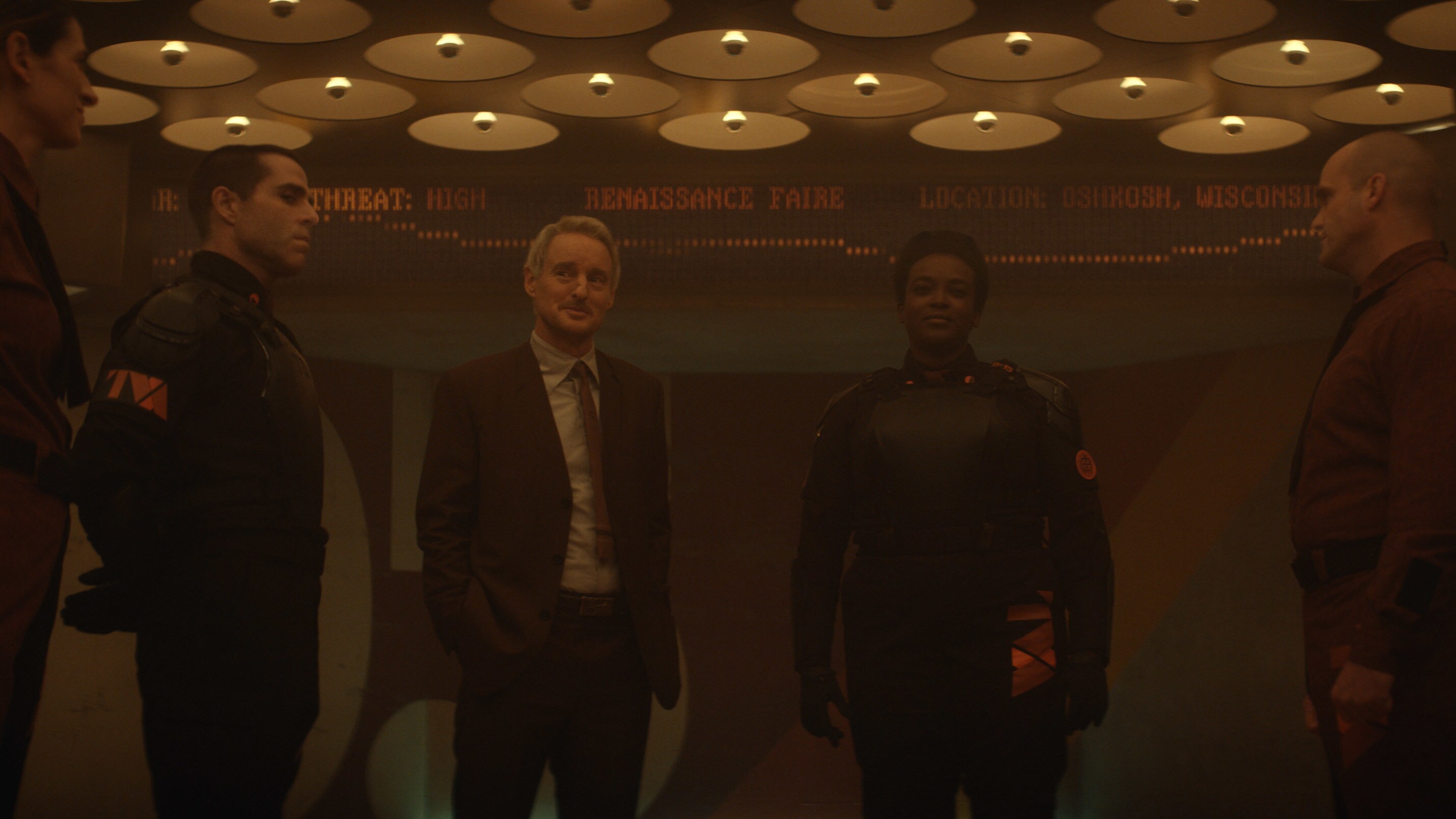 (L-R): Hunter D-90 (Neil Ellice), Mobius (Owen Wilson) and Hunter B-15 (Wunmi Mosaku) in Marvel Studios' LOKI, exclusively on Disney+. Photo courtesy of Marvel Studios. ©Marvel Studios 2021. All Rights Reserved.