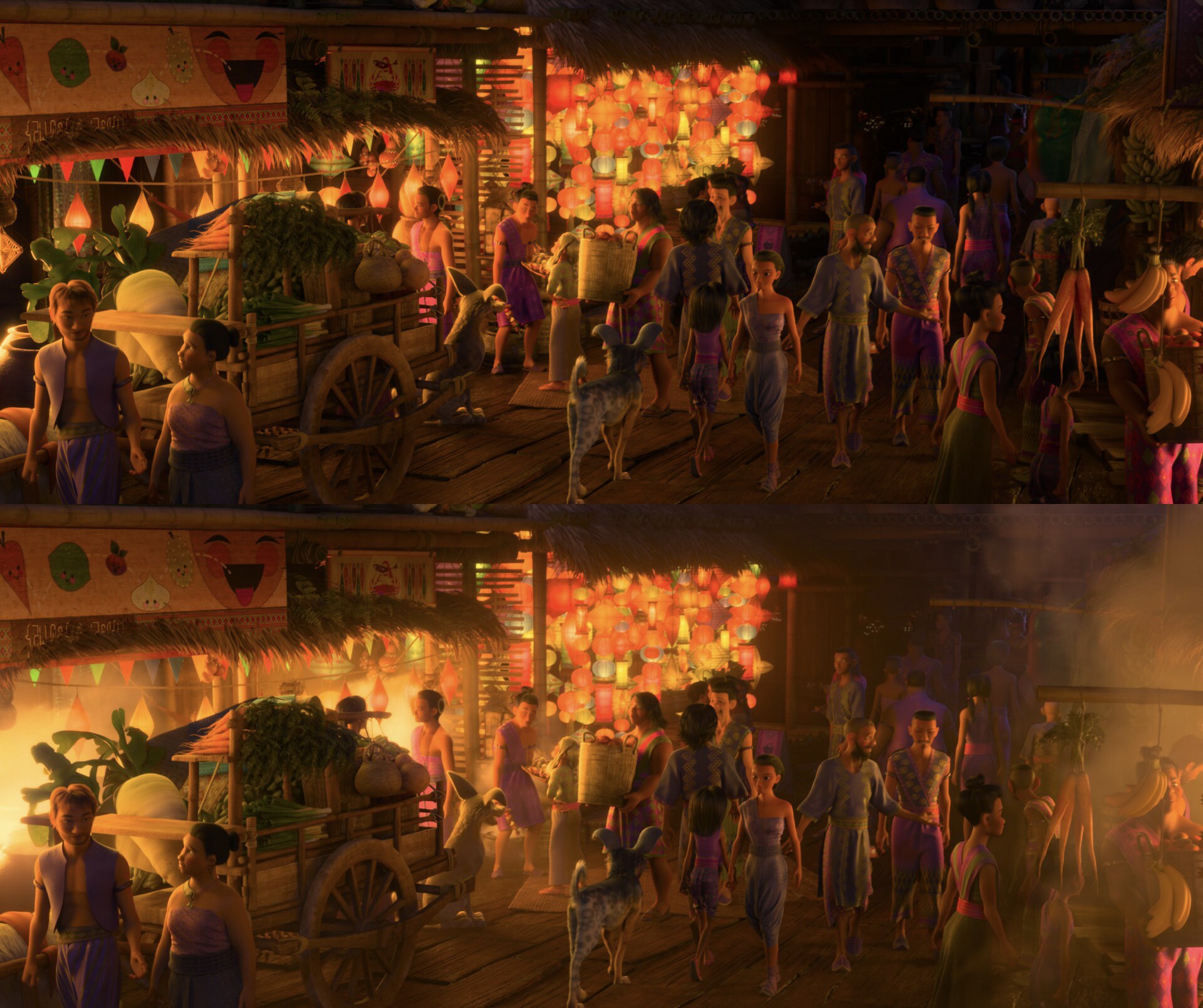 The marketplace of Talon before & after the application of the atmospheric library created by the Effects and Lighting teams.