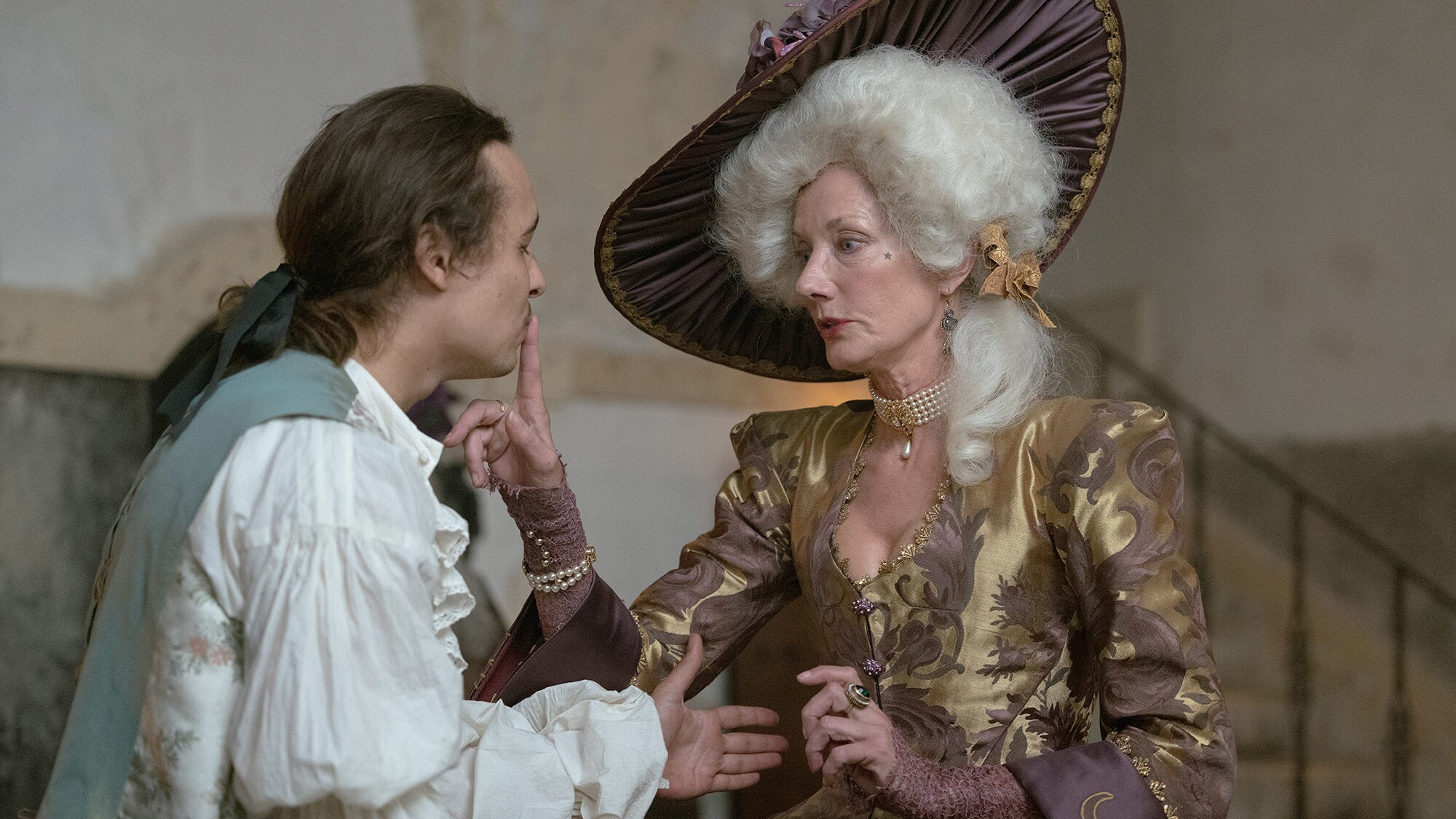 (L-R): Frank Dillane as Isambard Tulley and Joely Richardson as Lady Eularia Moggerhangar in Disney's RENEGADE NELL, Season 1, exclusively on Disney+. Photo by Rekha Garton. © 2024 Disney Enterprises, Inc. All Rights Reserved.