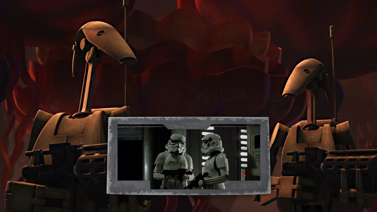 The battle droid lines “Do you know what’s going on?” and “Maybe it’s another drill” are echoes o...