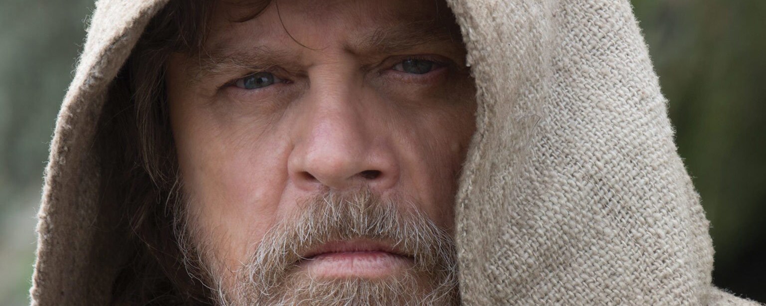 A bearded Luke Skywalker, in close-up.