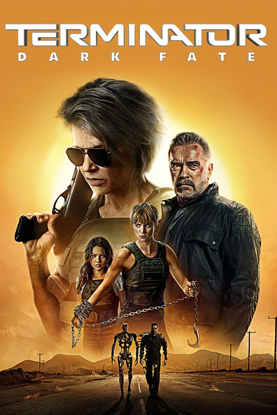 A poster for 'Terminator: Dark Fate' featuring Linda Hamilton as Sarah Conner and Arnold Schwarzenegger as T-800. The background of the image is in orange colours and a desert-like landscape.