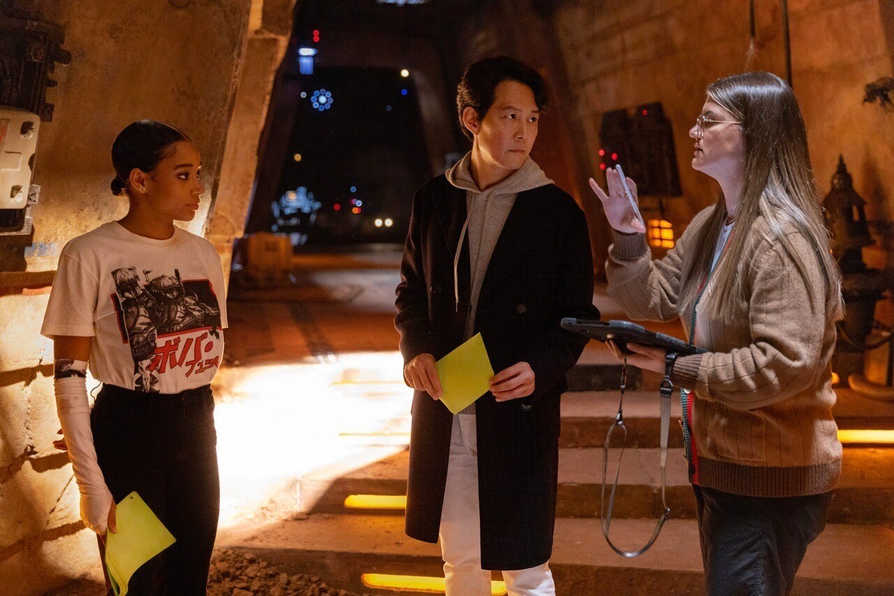 Amandla Stenberg, Lee Jung-jae, and Leslye Headland behind the scenes of The Acolyte.